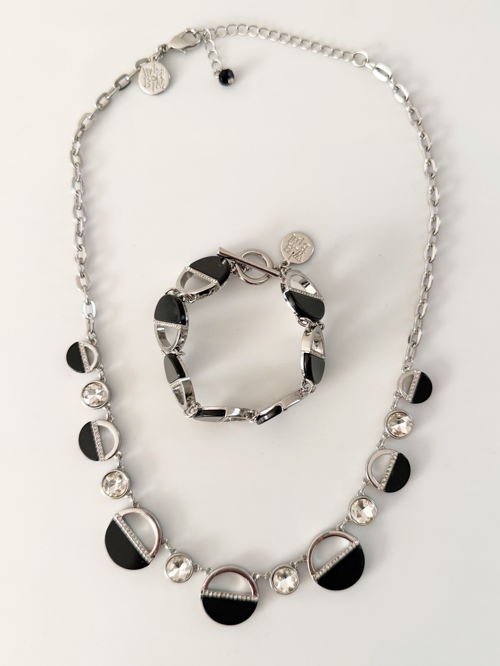 WHBM Round Link Black Silver Tone Necklace & Bracelet